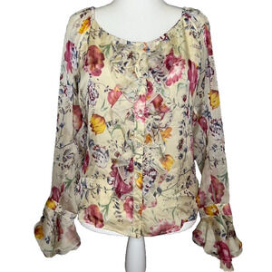 Blunauta Women Blouse Vtg Plus 18 Silk Floral Ruffle Sheer Romantic Cottage 90's